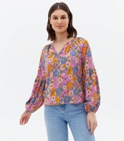 JDY Pink Floral V Neck Puff Sleeve Tunic Blouse